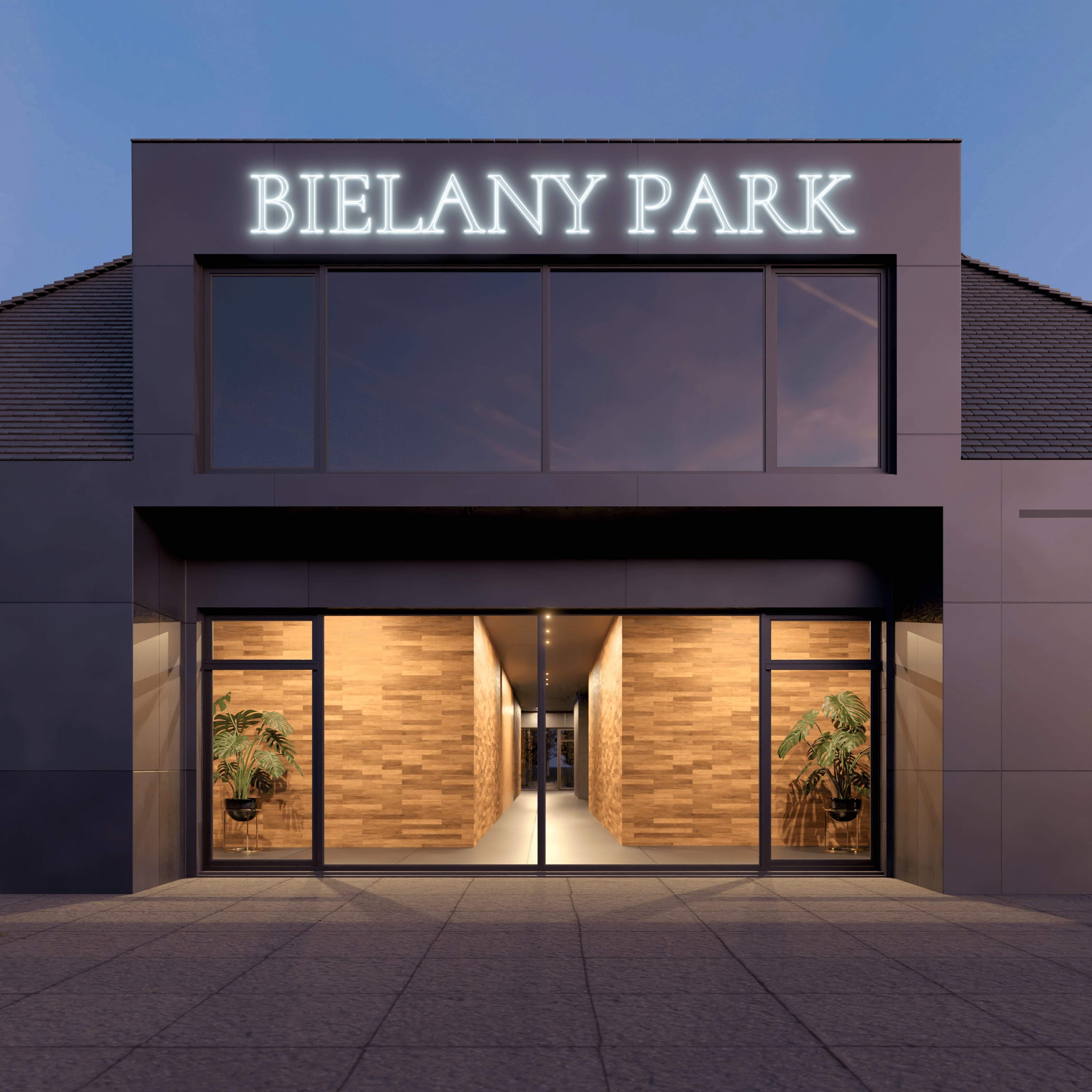 Wejście Bielanypark Legnica wieczorem